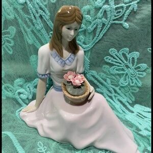Porcelana de Cuernavaca Porcelain Girl Figurine  with a Basket of Flowers